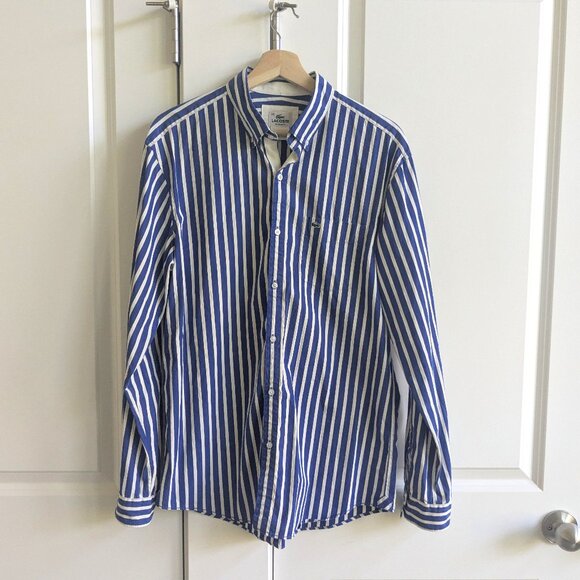NWOT Lacoste Long Sleeve Button Down Shirt Blue White Striped Regular Fit Logo - Picture 1 of 12
